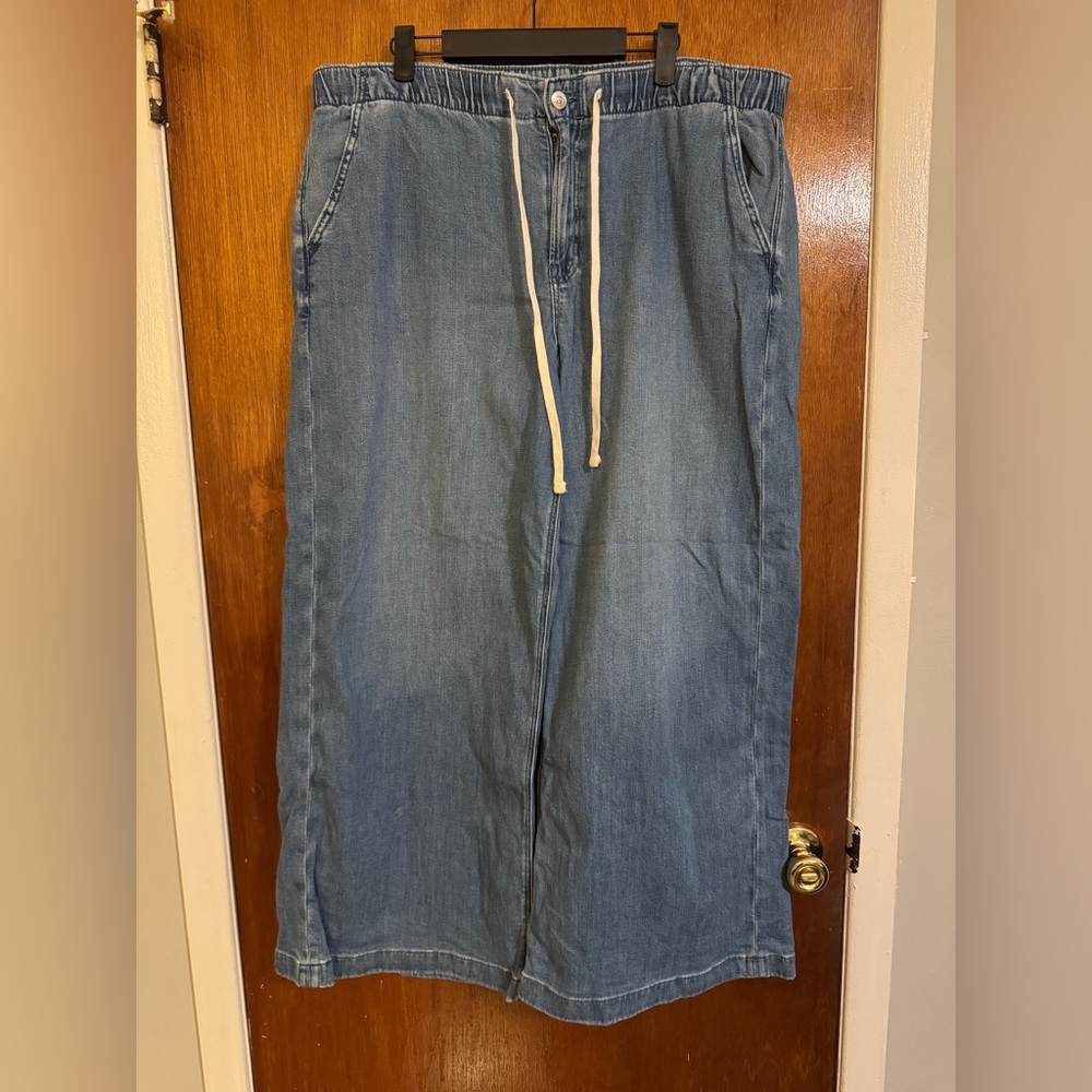 American Eagle Outfitters Light Blue Denim Maxi Skirt with Drawstring Waist